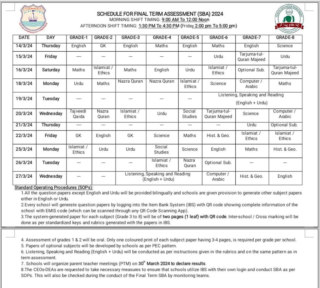 SBA 2024 Date Sheet 2024 – School Based Assessment Exams in Punjab