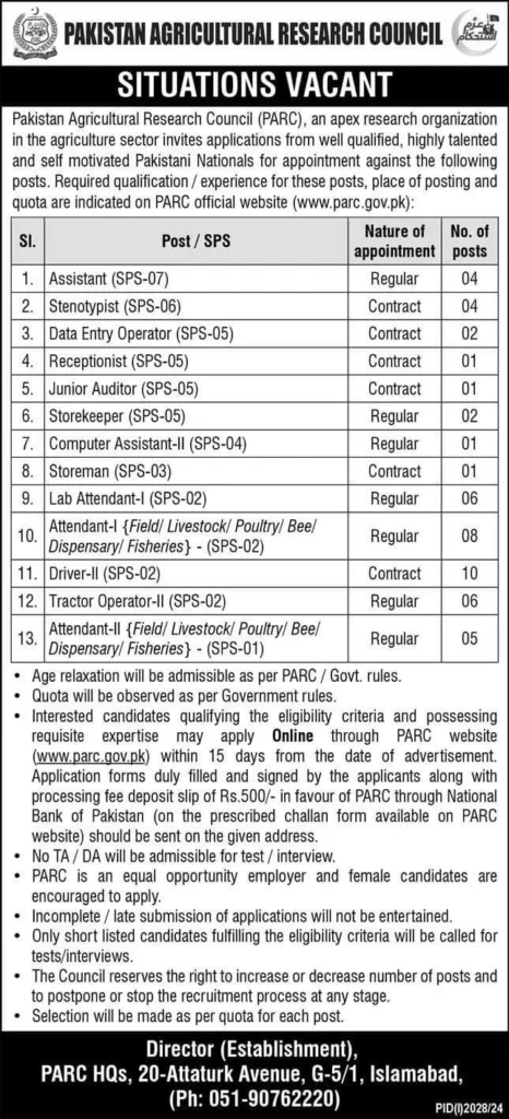 Pakistan Agricultural Research Council (PARC) Announces Job Opportunities for 2024