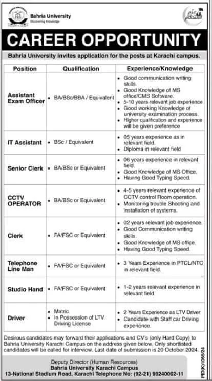 Bahria University Karachi Jobs 2024