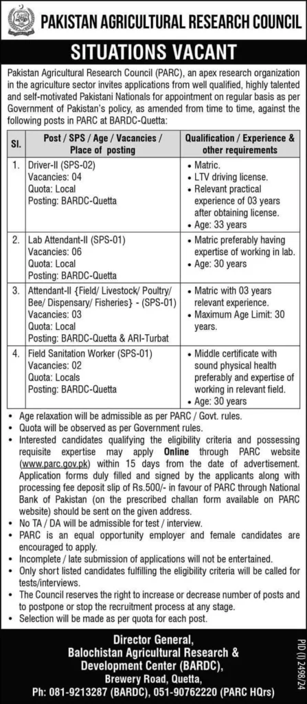 Pakistan Agriculture Research Council (PARC) Announces Job Openings for 2024